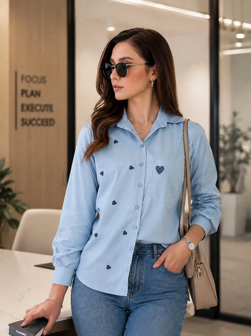 Women Blue Heart Embroidered Casual Shirt