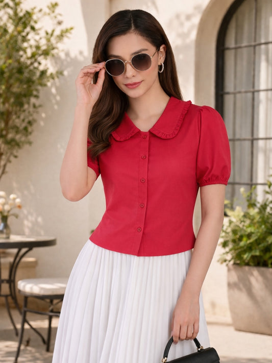 Women Pink Ruffle Collar Puff Sleeve Top
