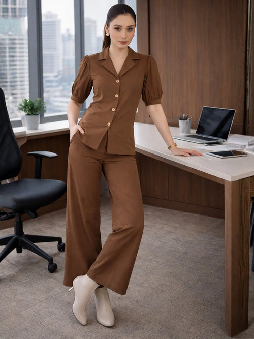 Women Brown Puff Sleeves Co-ord Set