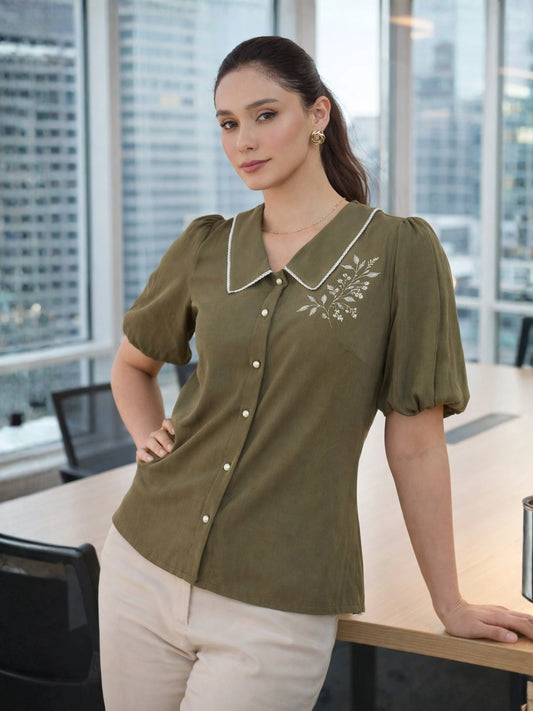 Women Olive Green Embroidered Shirt Top