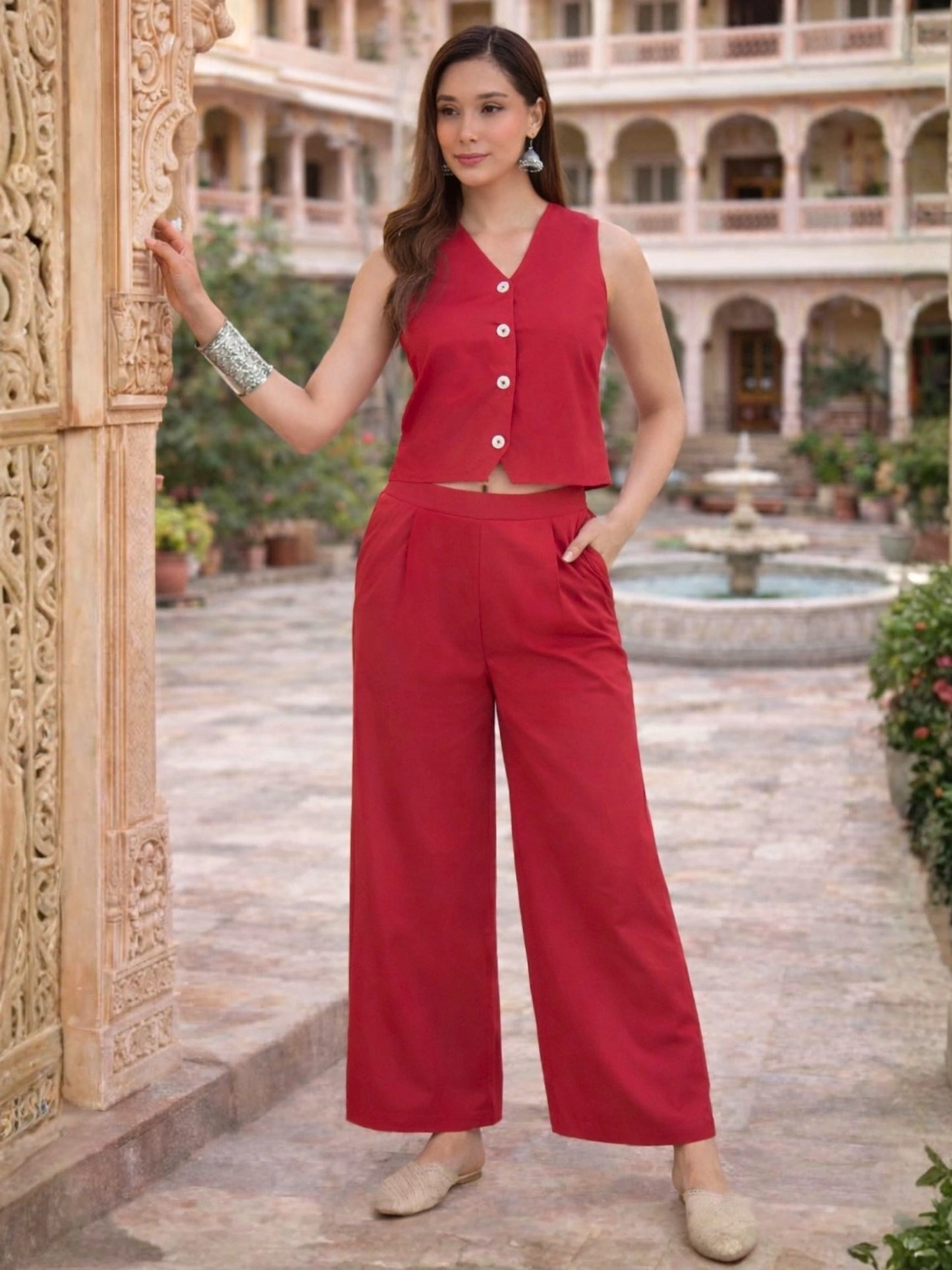 Women Pink Sleeveless Vest Top with Pants Co-ord Set