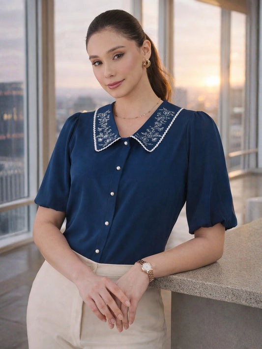 Women Blue Embriodered Collar Puff Sleeve Top