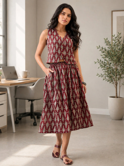 Women Printed Waistcoat with Midi Skirt Co-Ord Set