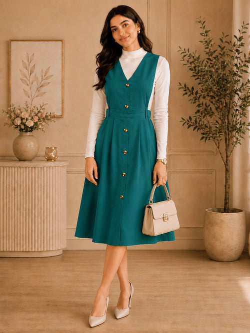 Women Solid Teal Button-Down Pinafore Dress