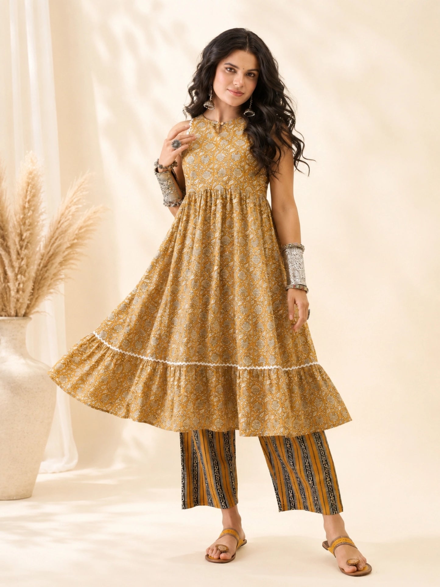 Women's Yellow Floral Printed Sleeveless A-Line Kurta with Palazzo Set | Round Neck Ethnic Wear | Casual & Festive Wear
