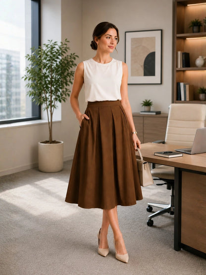 Women Brown Solid Pleated Flared Midi Skirt