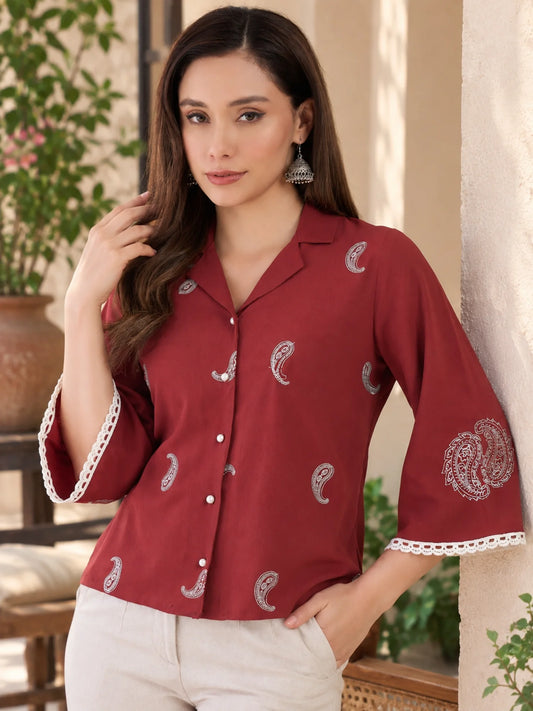 Women Maroon Paisley Embroidered Regular Fit Shirt