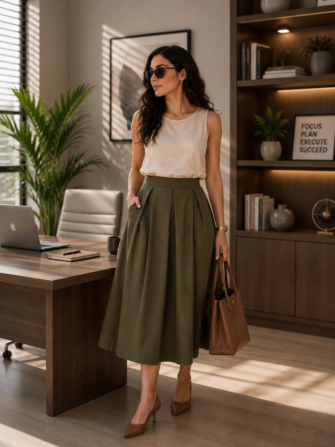 Women Olive Solid Pleated Flared Midi Skirt