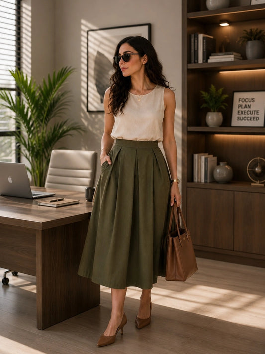 Women Olive Solid Pleated Flared Midi Skirt