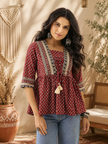 Women Maroon Printed Empire Top