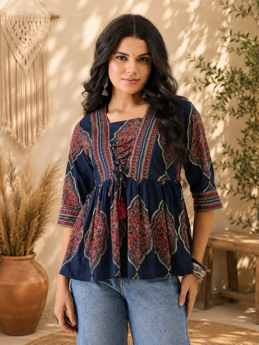 Women Navy Blue Printed Empire Top