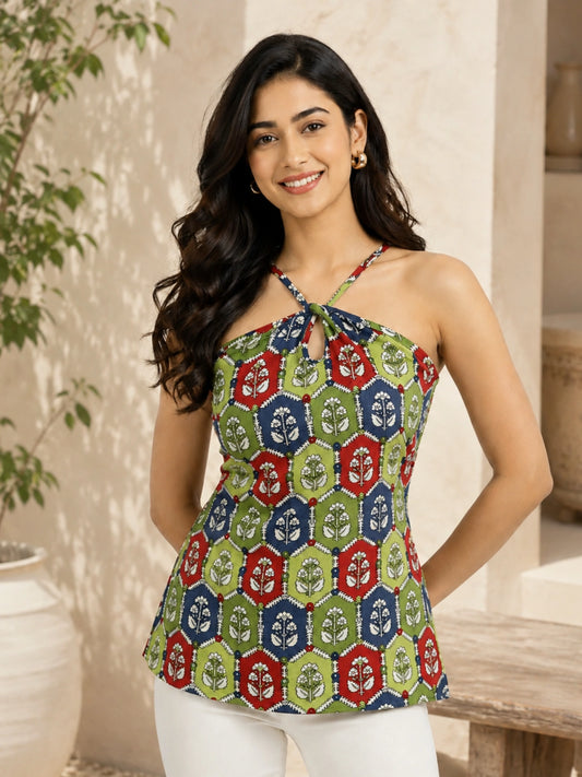 WineRed Women's Printed Cotton Halter Neck Corset Style Sleeveless Casual Short Kurti