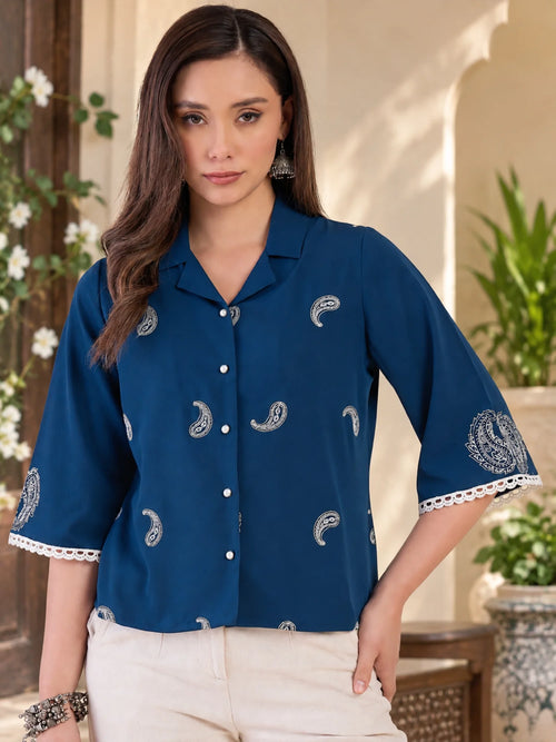Women Blue Paisley Embroidered Regular Fit Shirt