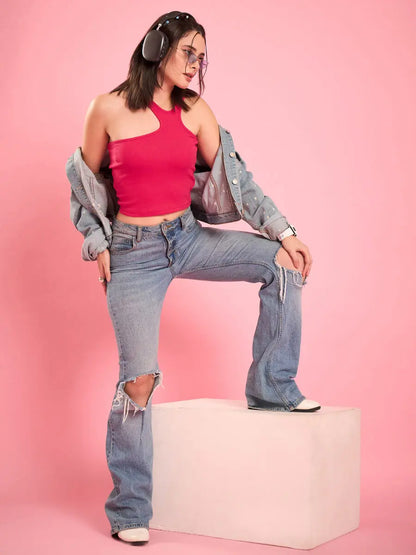 pink-asymmetric-neckline-crop-top