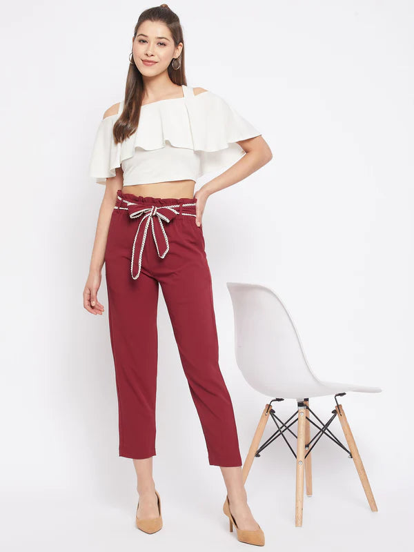 winered-women-maroon-trouser-with-lace-belt