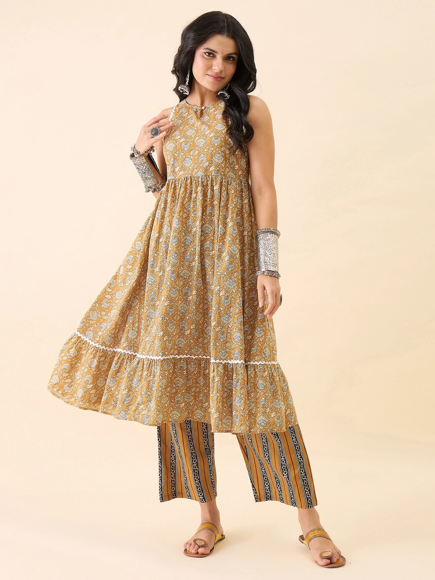 Women's Yellow Floral Printed Sleeveless A-Line Kurta with Palazzo Set | Round Neck Ethnic Wear | Casual & Festive Wear