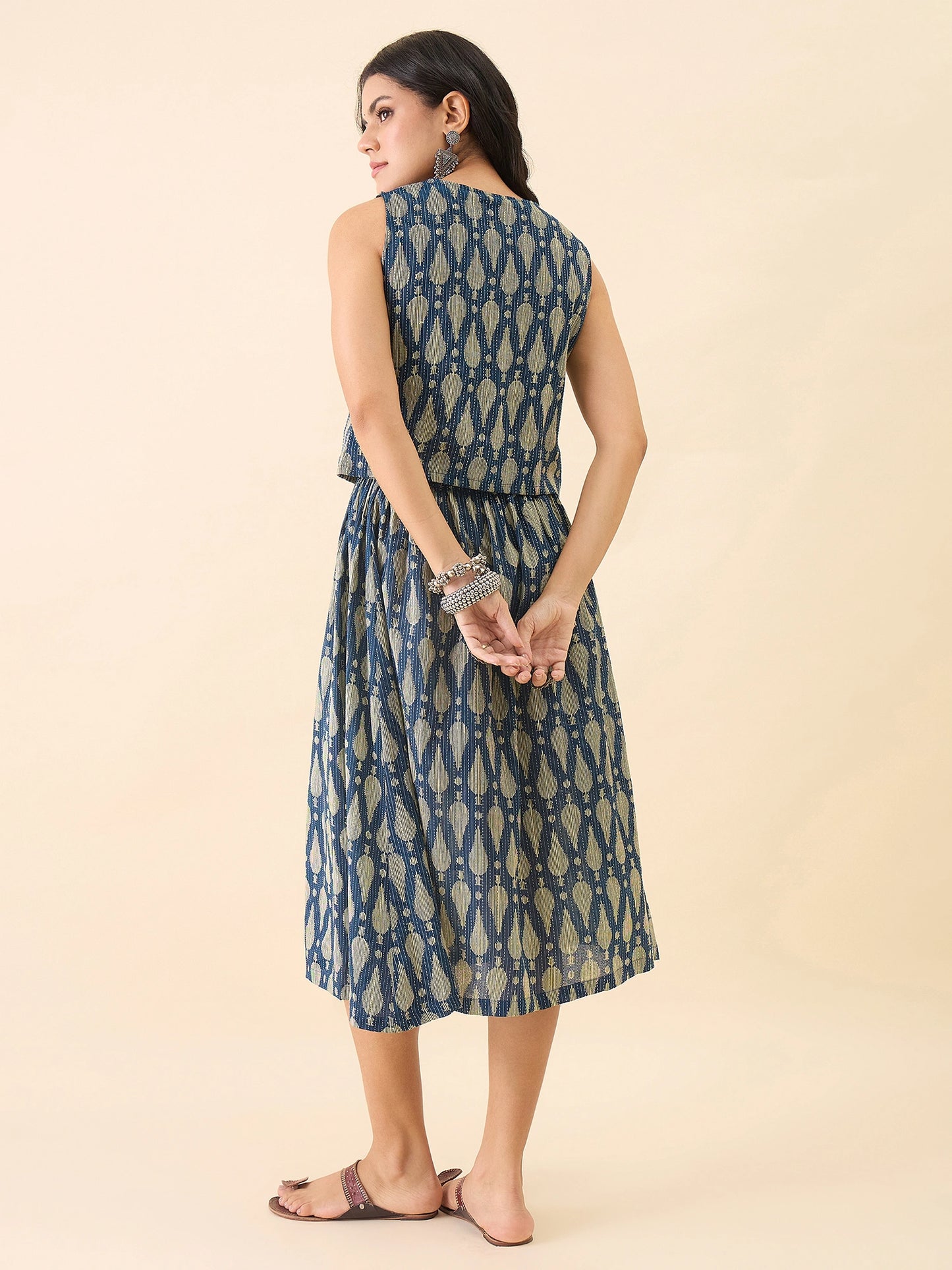 Women Blue Printed Waistcoat with Midi Skirt Co-Ord Set