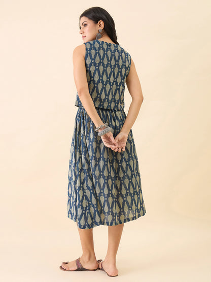 Women Blue Printed Waistcoat with Midi Skirt Co-Ord Set