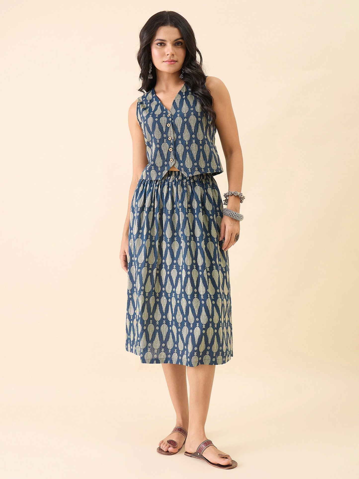 Women Blue Printed Waistcoat with Midi Skirt Co-Ord Set