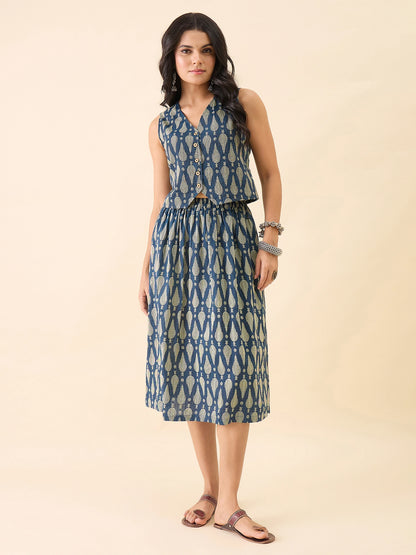 Women Blue Printed Waistcoat with Midi Skirt Co-Ord Set