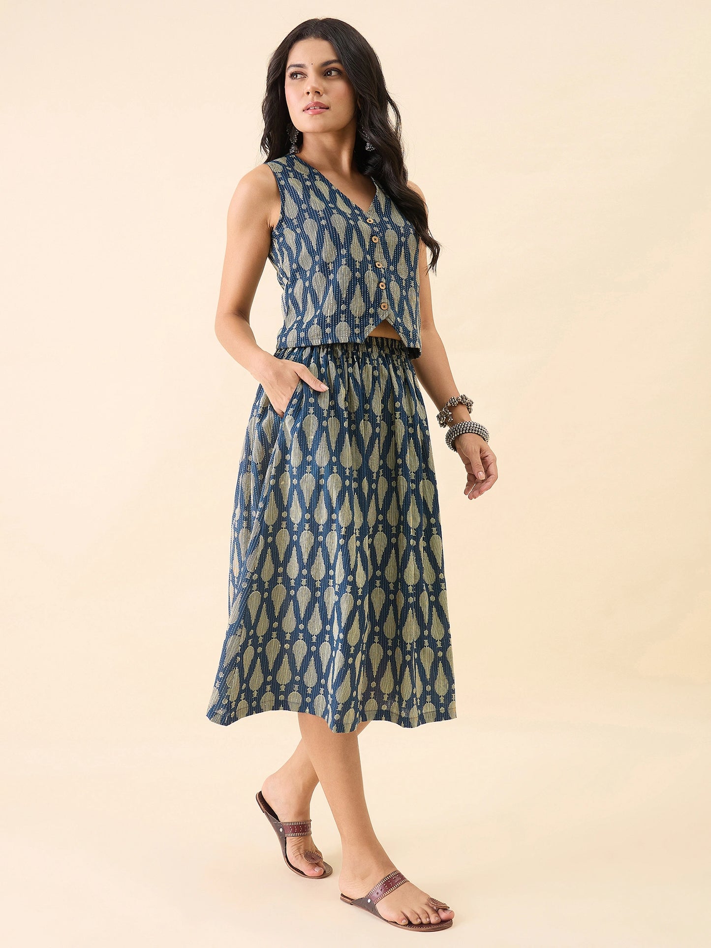 Women Blue Printed Waistcoat with Midi Skirt Co-Ord Set