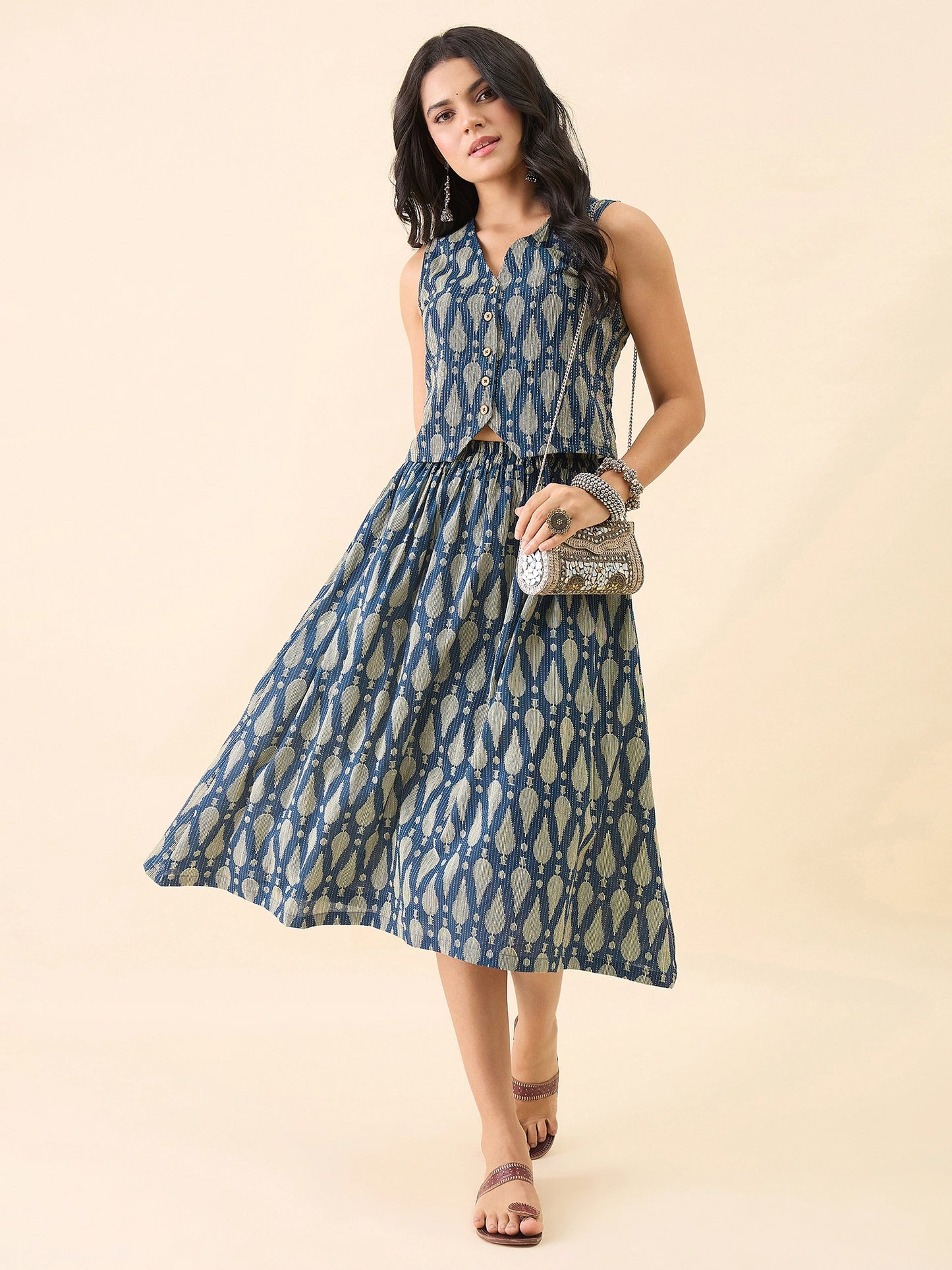 Women Blue Printed Waistcoat with Midi Skirt Co-Ord Set