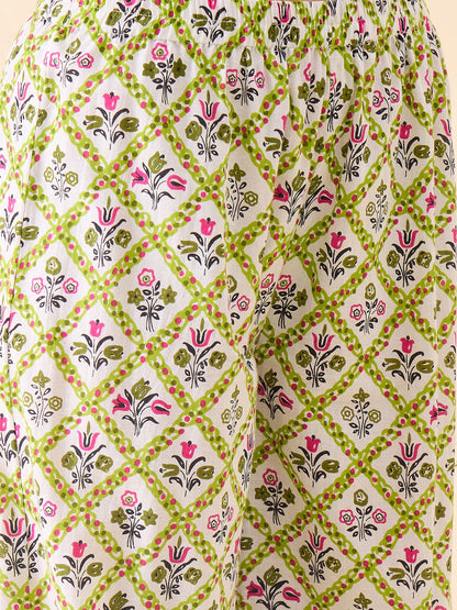 Women's Floral Printed Balloon Pant Set | V-Neck | Three-Quarter  Bell Sleeves | Lace Trim Ethnic Kurta Set