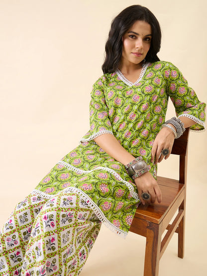 Women's Floral Printed Balloon Pant Set | V-Neck | Three-Quarter  Bell Sleeves | Lace Trim Ethnic Kurta Set