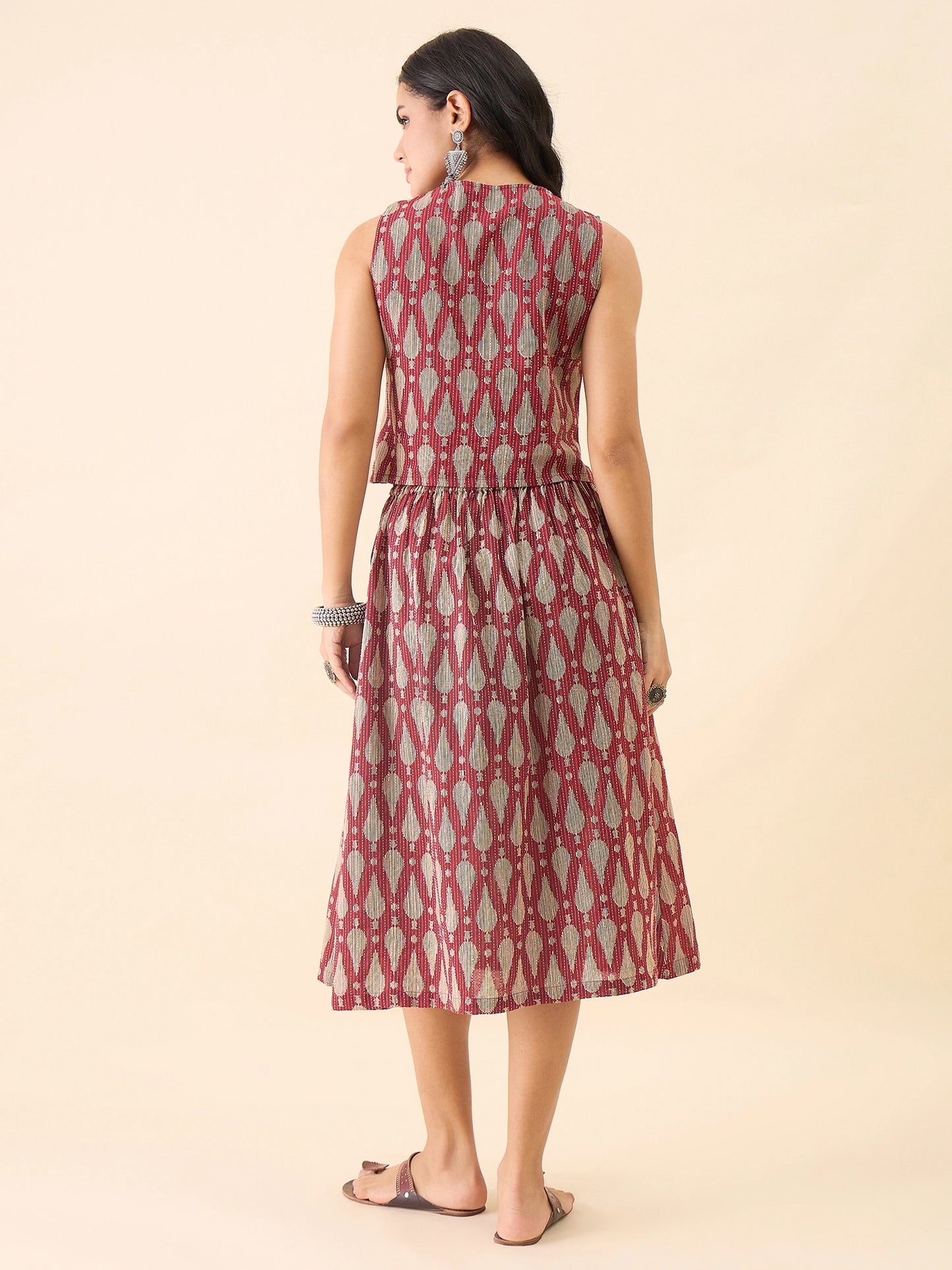 Women Printed Waistcoat with Midi Skirt Co-Ord Set