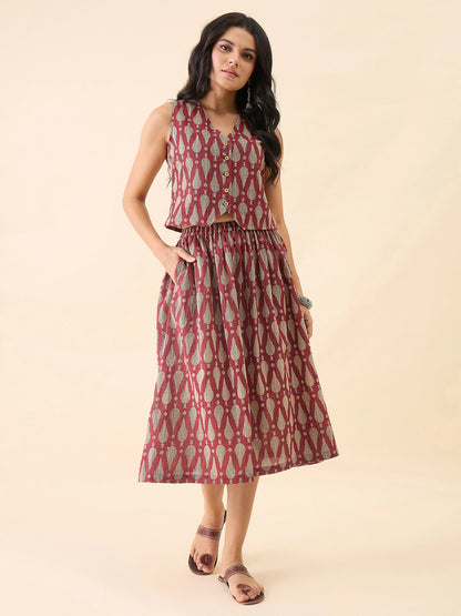 Women Printed Waistcoat with Midi Skirt Co-Ord Set