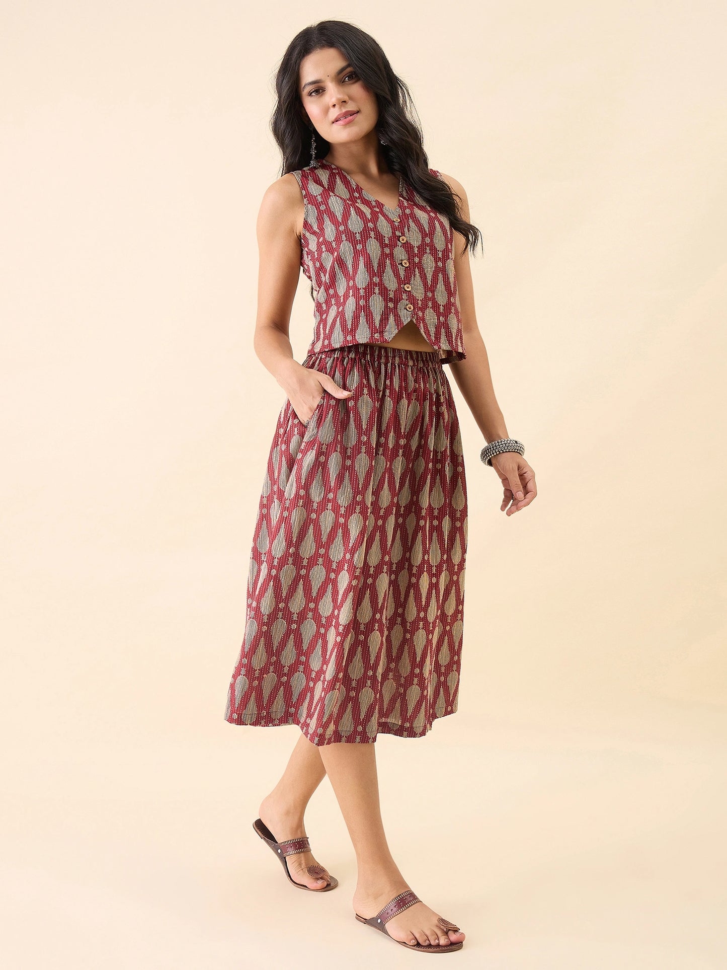 Women Printed Waistcoat with Midi Skirt Co-Ord Set