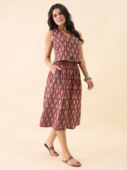 Women Printed Waistcoat with Midi Skirt Co-Ord Set