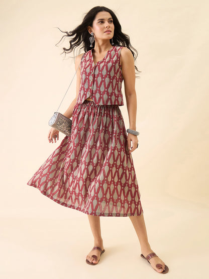 Women Printed Waistcoat with Midi Skirt Co-Ord Set