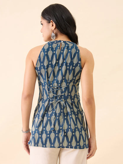 Women's Blue & Beige Geometric Printed Sleeveless Short Kurti