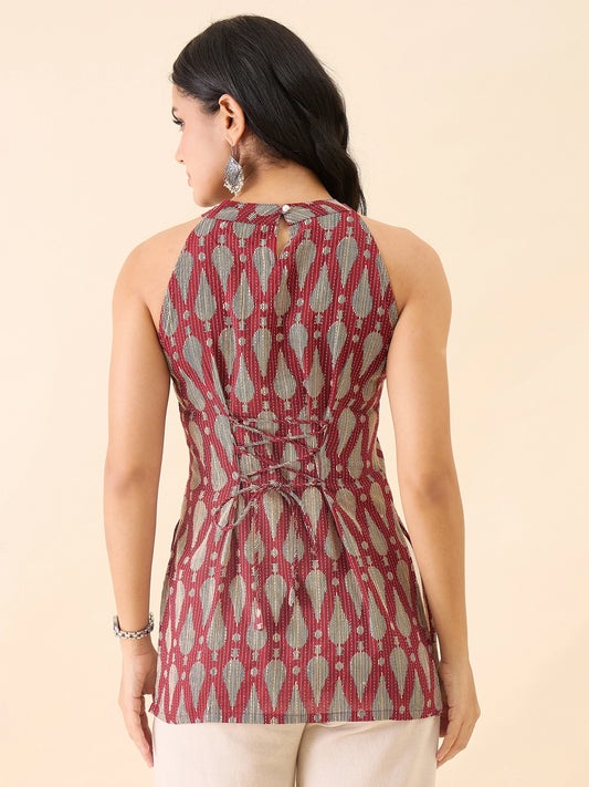 Women's Maroon & Beige Geometric Printed Sleeveless Short Kurti