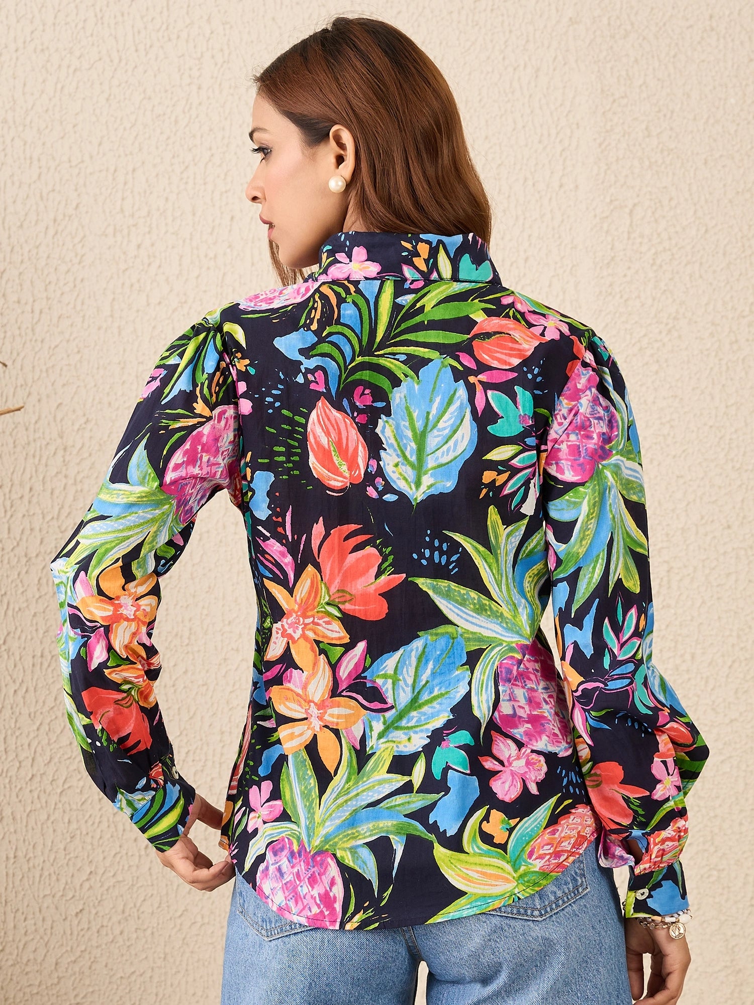 women-navy-blue-tropical-print-cotton-shirt