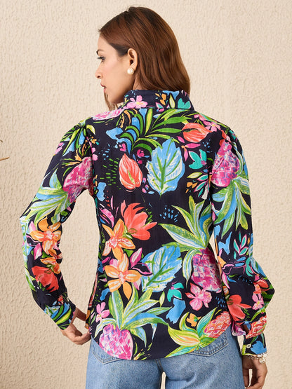 women-navy-blue-tropical-print-cotton-shirt