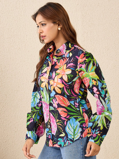 women-navy-blue-tropical-print-cotton-shirt