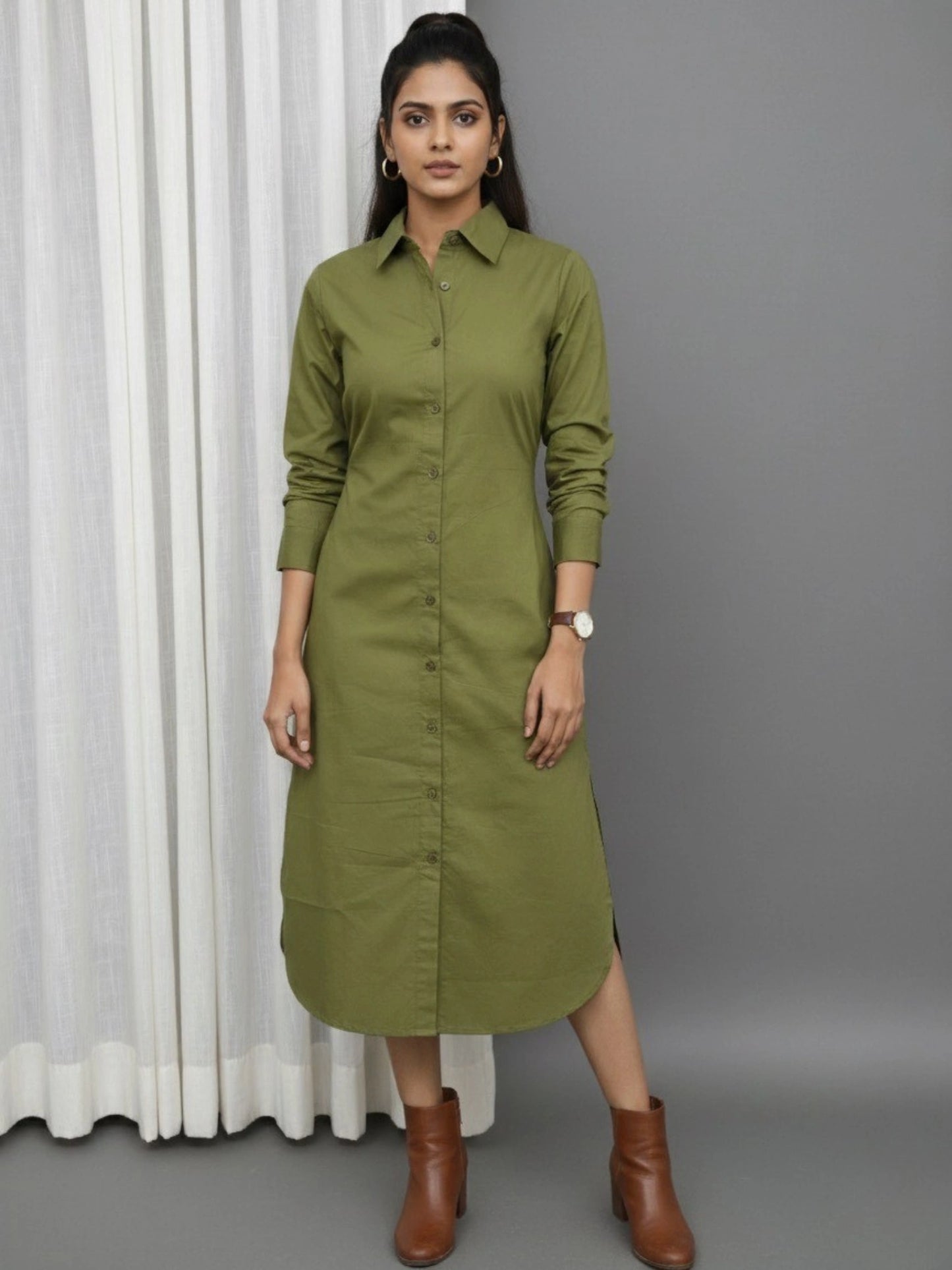 Women Green Side Silt Shirt Dress