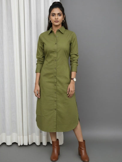 Women Green Side Silt Shirt Dress