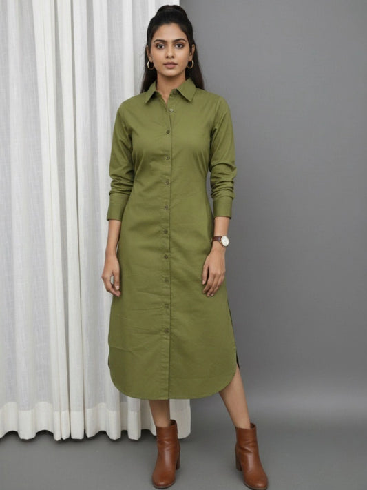Women Green Side Silt Shirt Dress