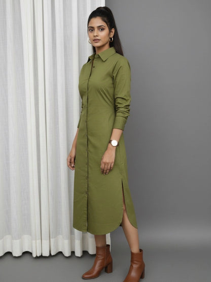 Women Green Side Silt Shirt Dress