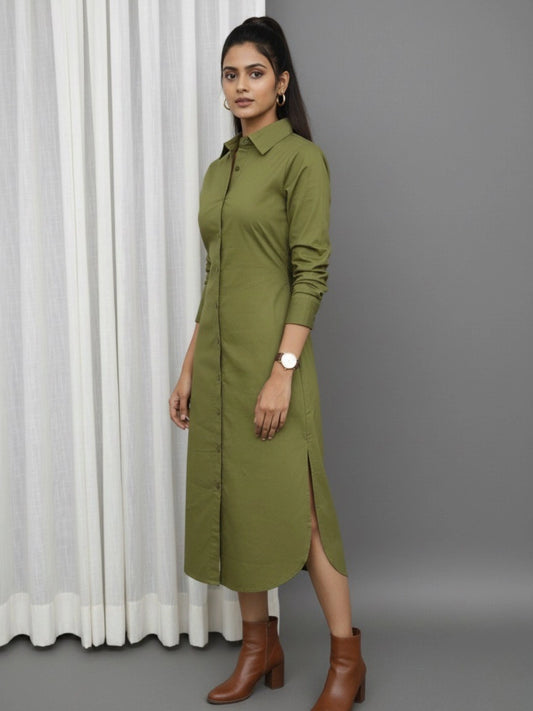 Women Green Side Silt Shirt Dress