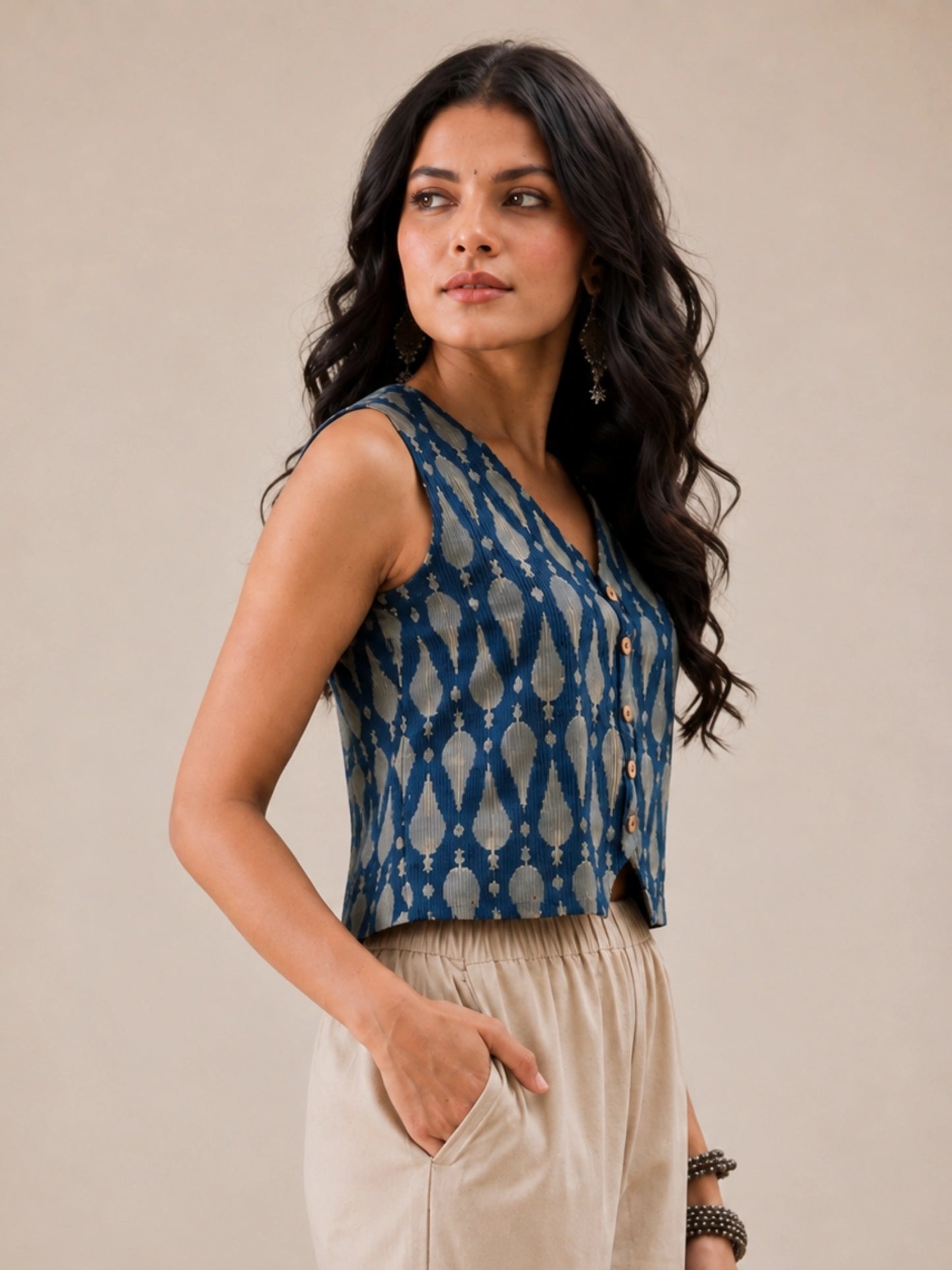 Women's Blue Ikat Printed Sleeveless V-Neck Button Front Waistcoat Style Top | Regular Fit | Casual, Office & Everyday Wear