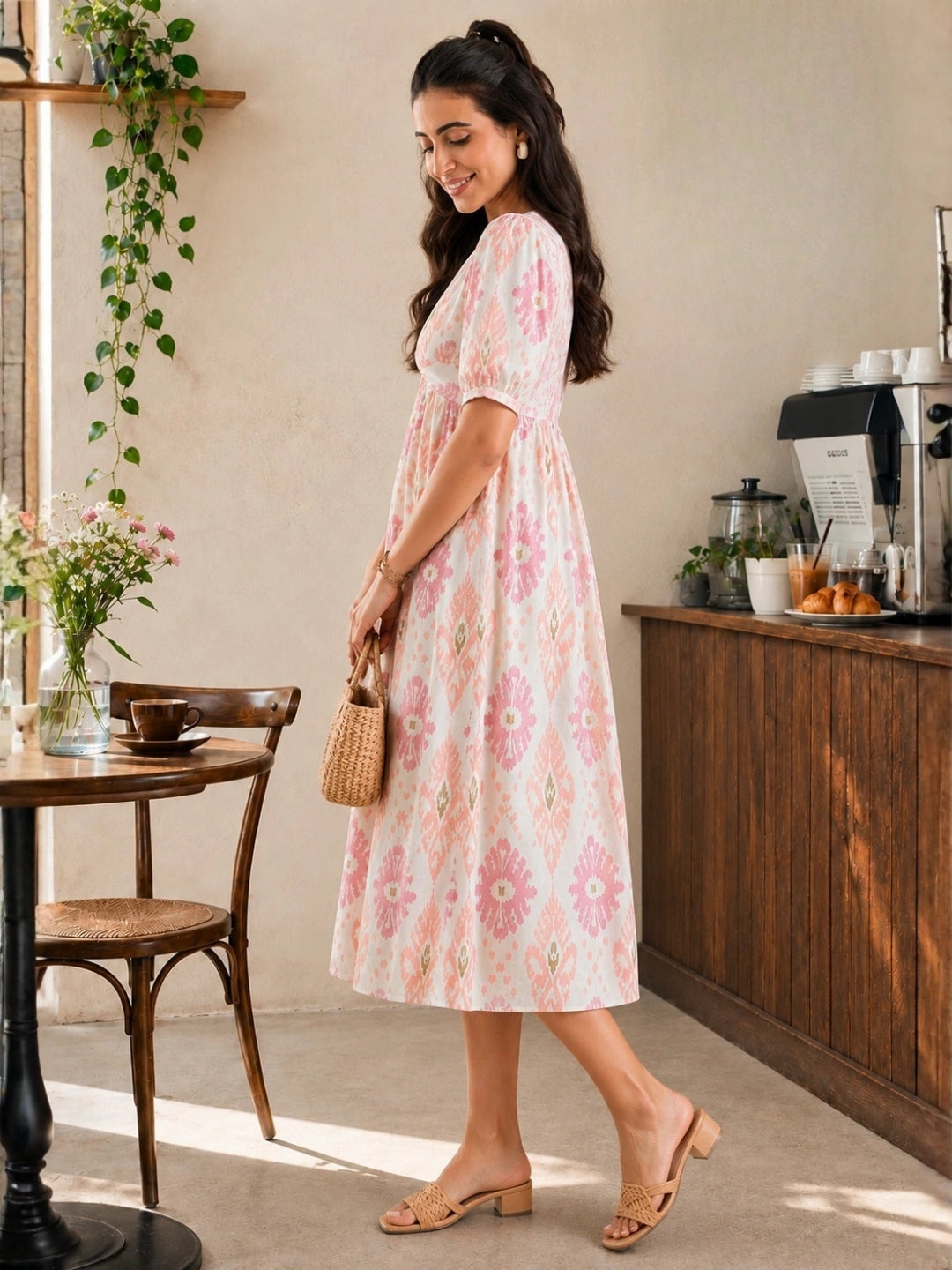 Women Cotton Ikat Printed Knotted Midi Dress