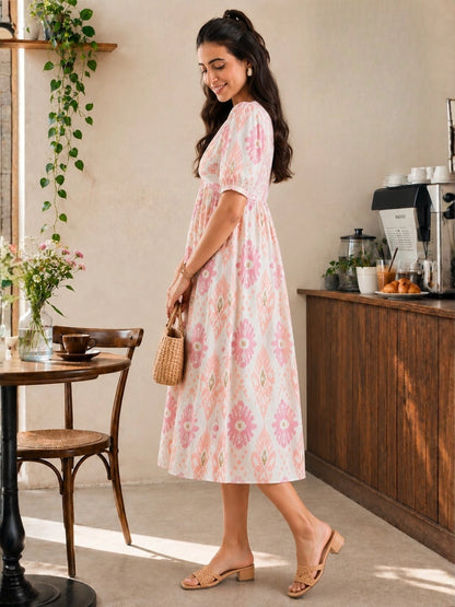 Women Cotton Ikat Printed Knotted Midi Dress