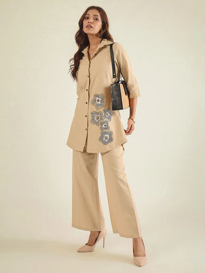 Women Beige Cotton Embroidered Shirt with Pant Co-ord Set