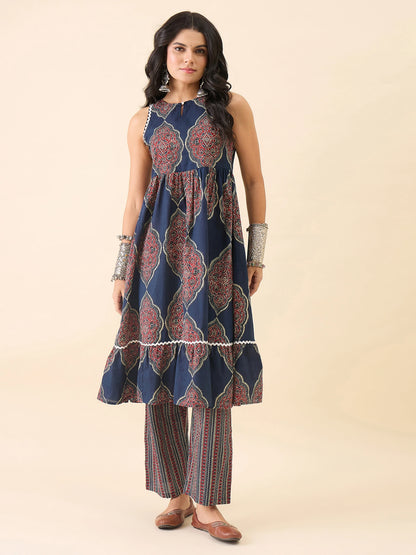 WineRed Women's Navy Blue Printed Sleeveless A-Line Kurta with Pant Set