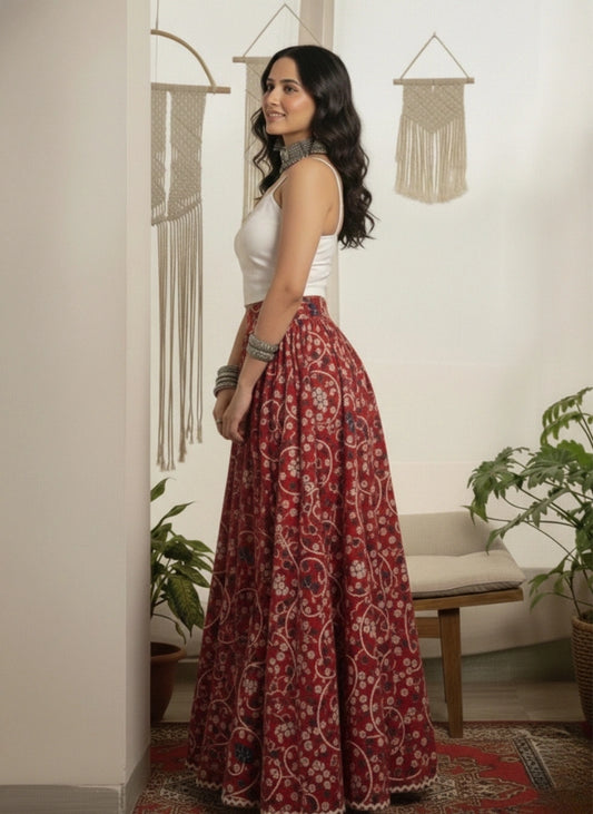 Women Red Ethnic Printed Cotton Maxi Skirt