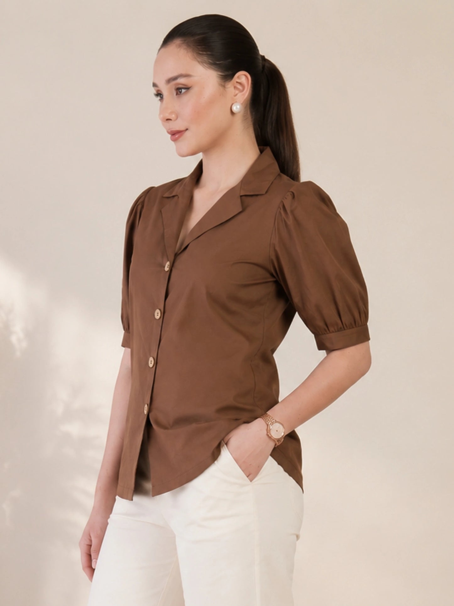 Women's Brown Solid Shirt Collar Puff Sleeve Button Front Regular Fit Casual Office Wear Top for Women